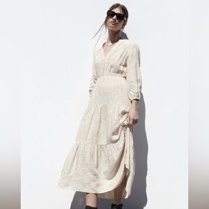 Zara embroidered linen blend midi dress